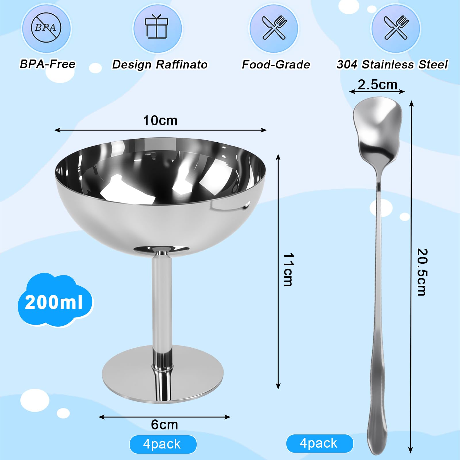 4 Stück Eisbecher Eisschalen Edelstahl Dessertschalen Dessertgläser 10cm 200ml Eiscreme Schalen Dessertbecher mit Standfuß Eiscreme Servierschale für Obst Salat Joghurt Hochzeiten Partys