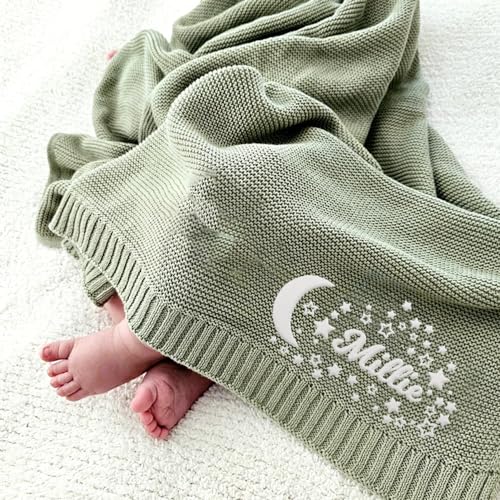 Image of Luxury Personalized Name Baby Blanket, Embroidered Name Baby Blanket, Cute Soft Breathable Cotton Knit Baby Blanket, Newborn Baby Gift, New Mom Gifts, Newborn Baby Girl & Boy Gift
