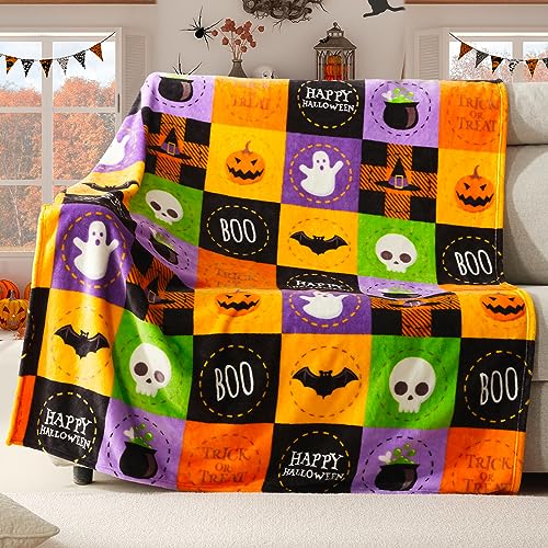 ROMROL Halloween Fleece Throw Blanket, Bat, Ghost Fall Plaid Blanket, Soft Fuzzy Plush for Couch Sofa or Bed, Luxury Flannel Lap Blanket, for Kids, Adults, Wife, Self (50" x 60")