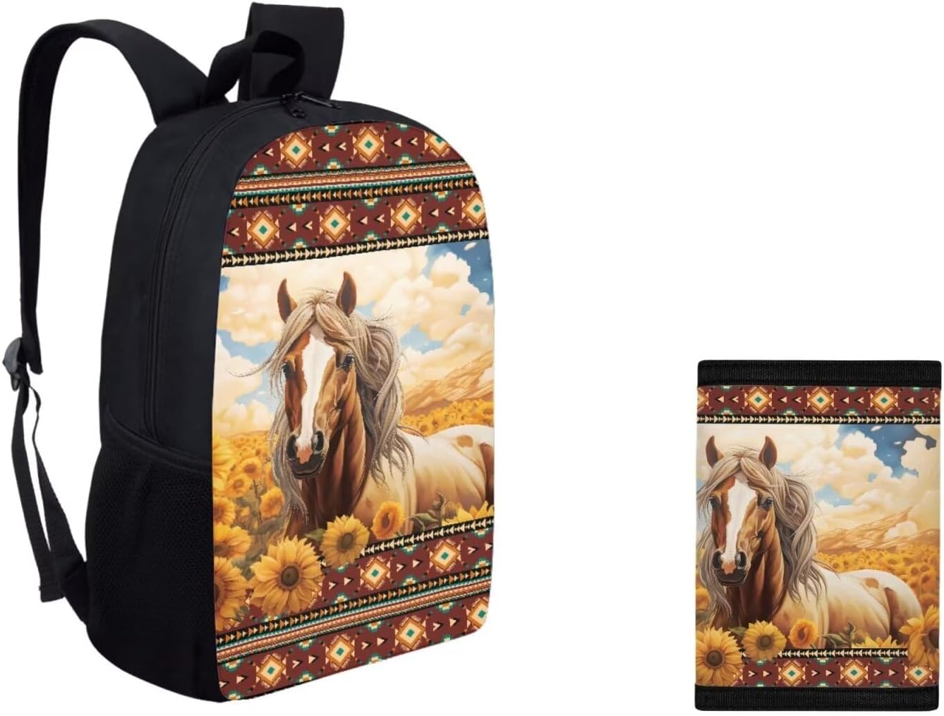 COEQINE Horse Backpacks For Teen Girls Sunflower Book Bag for Women School Bag Set for Student With Trifold Wallet Large Laptop Shoulder Bag With Water Holder Pocket