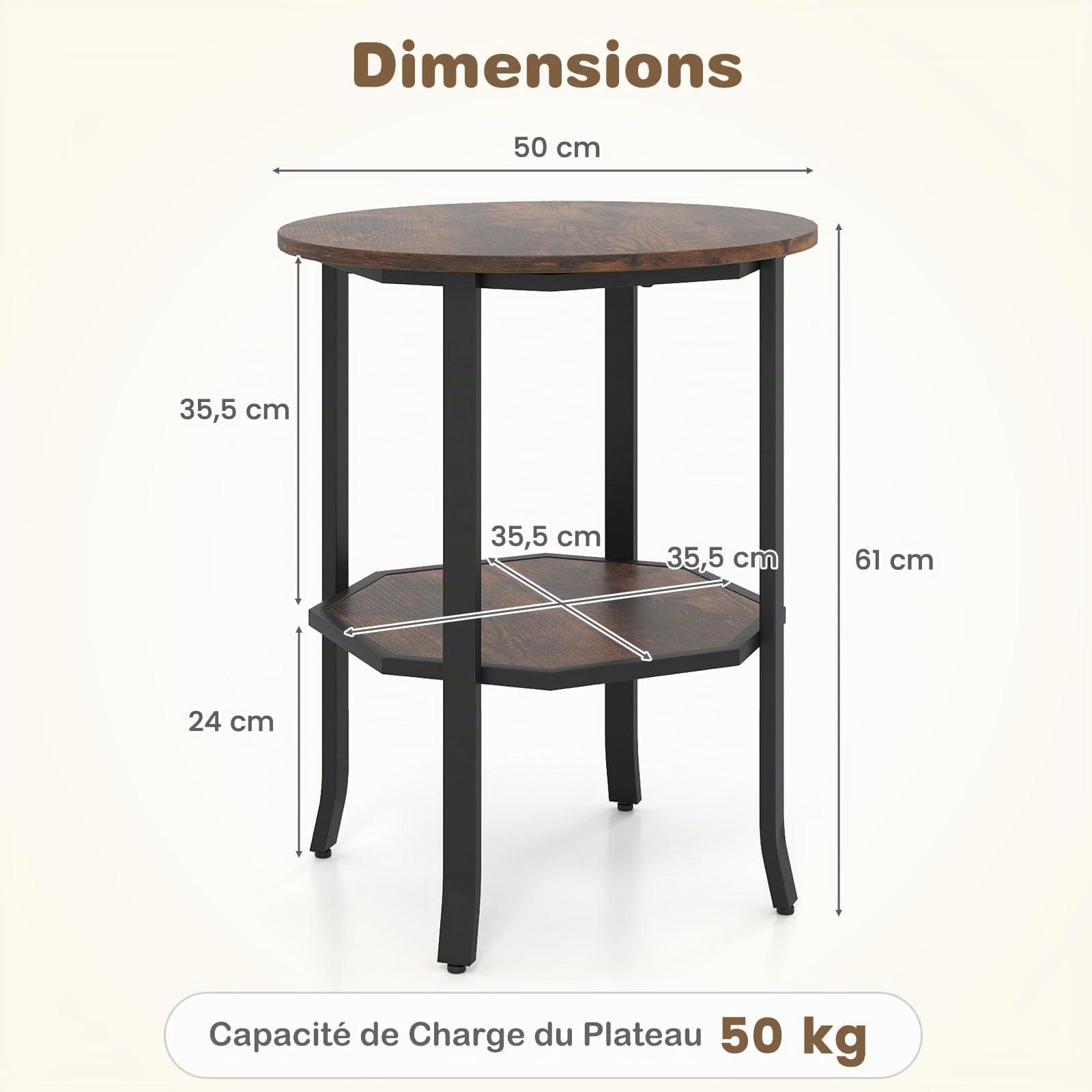 COSTWAY Table d'Appoint Ronde à 2 Niveaux, Bout de Canapé avec Étagère, Grain de Bois, Table d'Appoint avec Cadre en Métal Robuste, Design Industriel pour Salon, Chambre, Entrée (Brun Rustique)