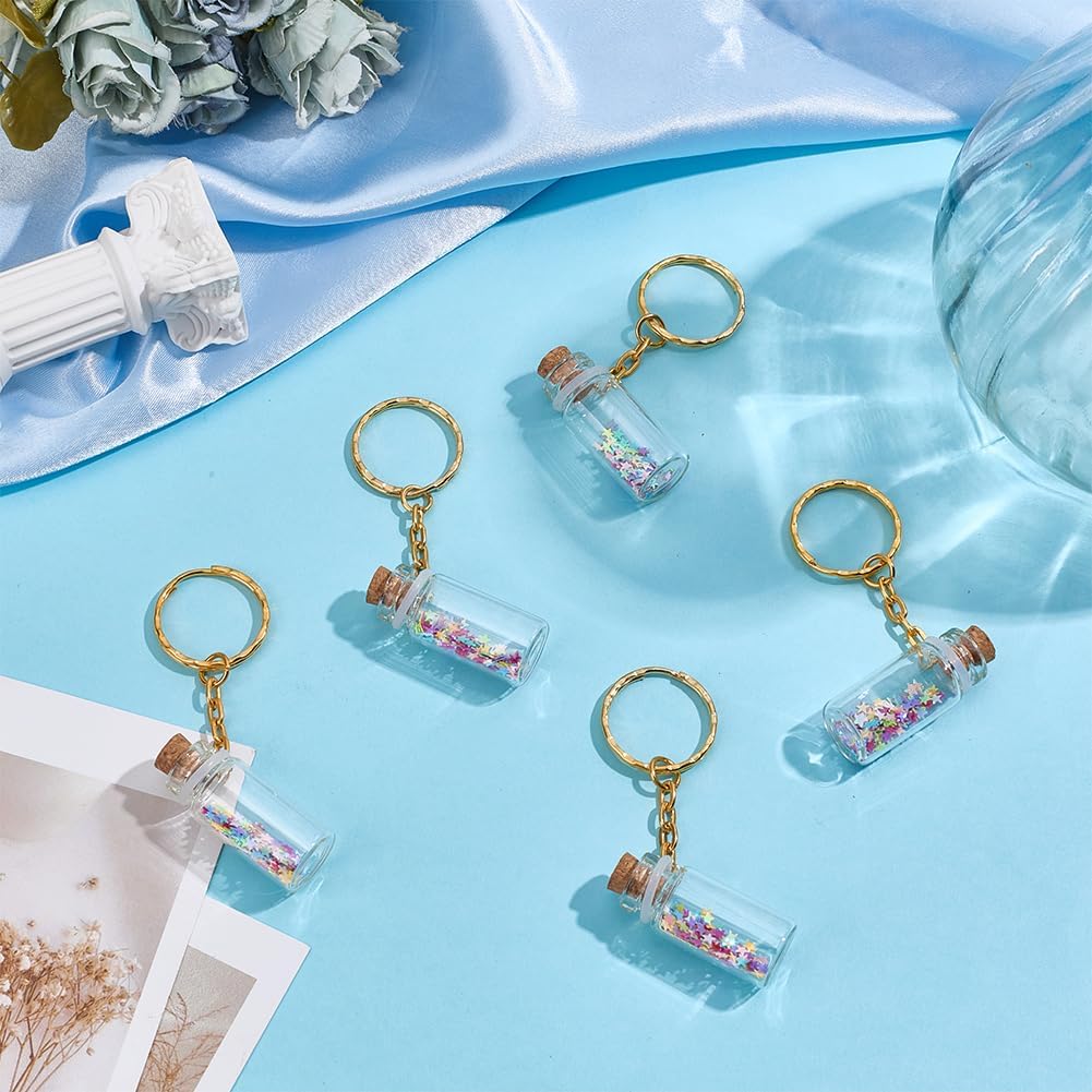12PCS Mini Glass Wish Bottle Keychains 3ml Tiny Jars with Cork Lids Potion Bottles with Sparkly Stars Gold Keyrings Pendant for DIY Crafts Party Wedding Bag Hanging Decorations
