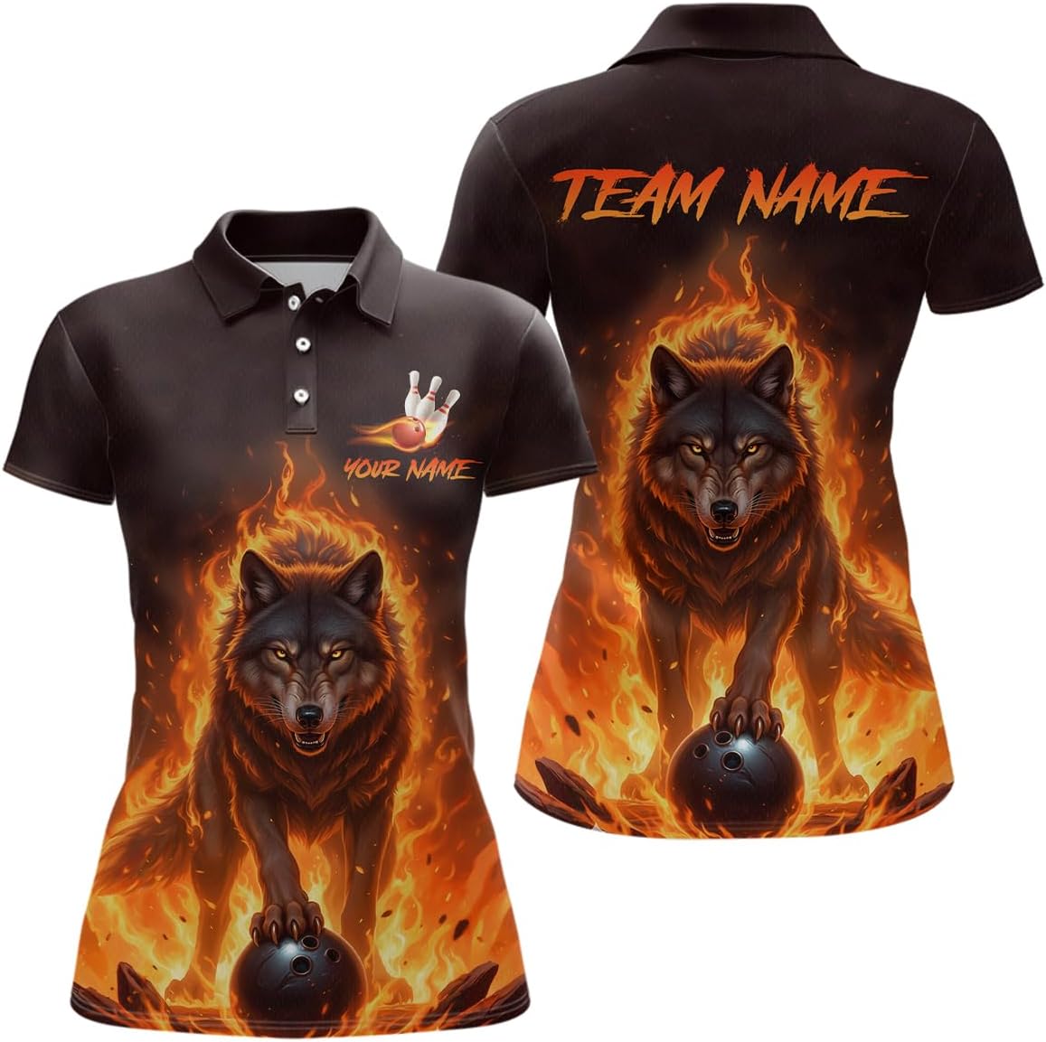 Flaming Wolf Bowling Shirts for Team Men Women Flame Bowling Jersey Custom Bowling Polo and Quarter Zip Bowling Shirt