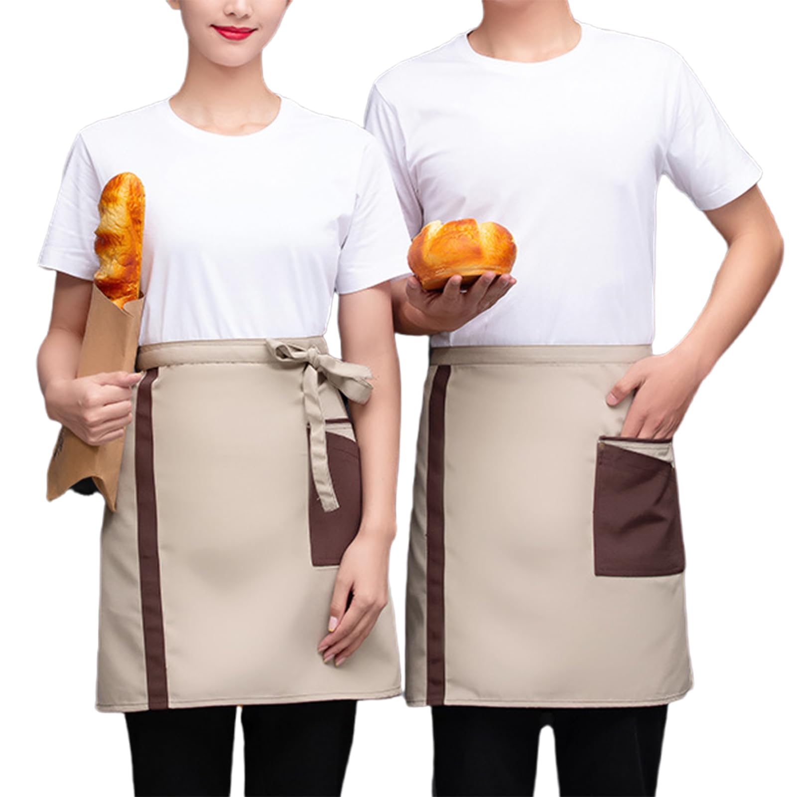 2 Pièces Demi Tabliers avec Poche Imperméable Tablier De Cuisine Court Unisex pour Chef Serveuse Restaurant Maison Café Beige,One Size