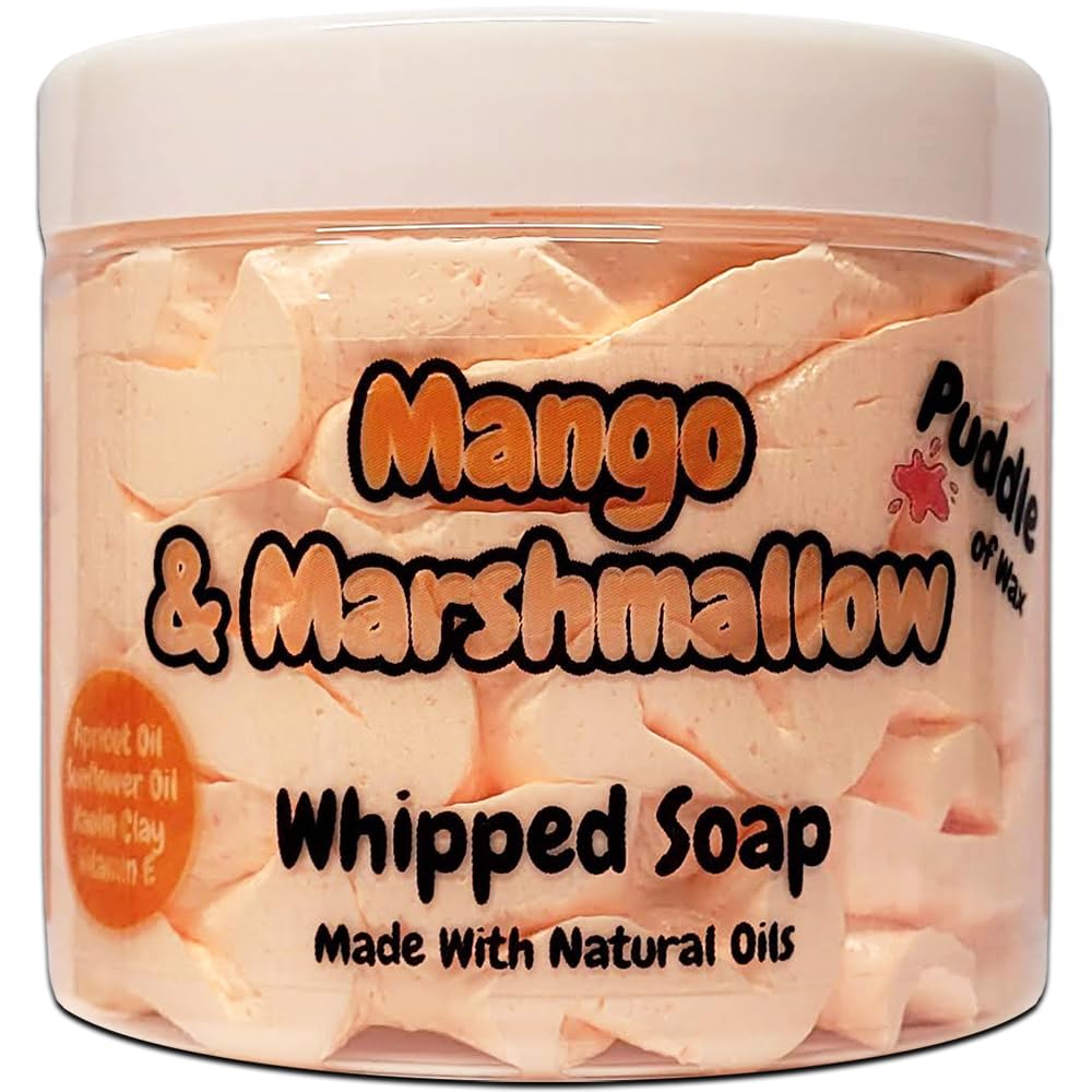 Mango & Marshmallow Whipped Soap Body Wash, 150g, Natural Oils & Kaolin Clay, Sweet Scent, Vegan Friendly, Puddle of Wax