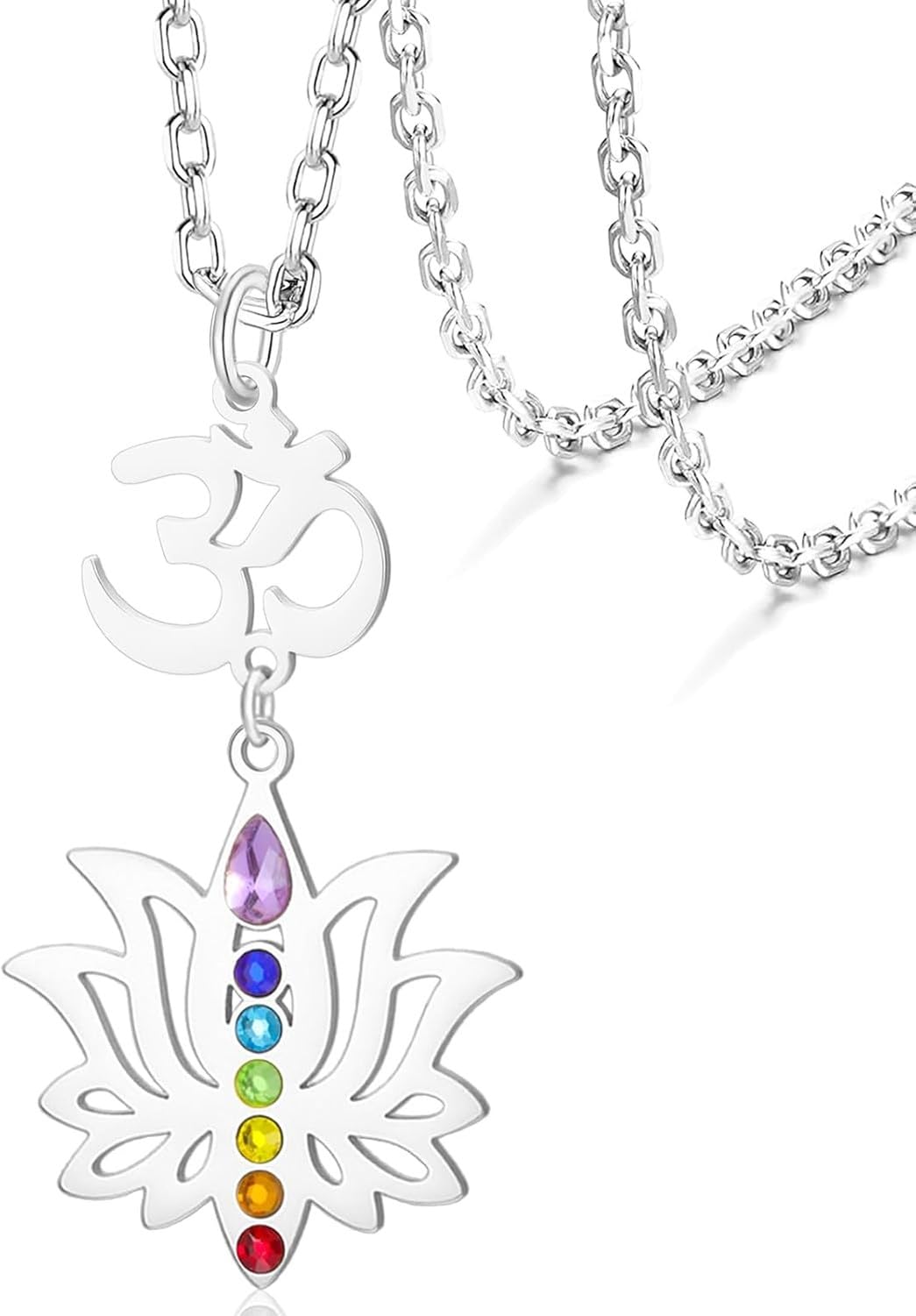 HUGGWRT Lotus Flower Chakra Necklace for Women 7 Chakras Pendant with OM Symbol Buddha Amulet Spiritual Healing Jewelry Yoga Meditation Gift, Silver 2