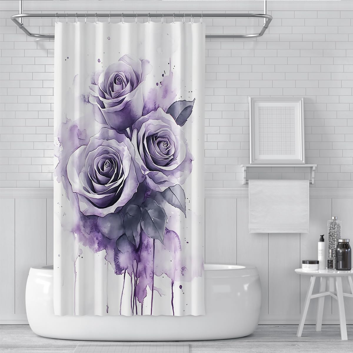 Rideau de Douche Aquarelle Rose Violet pour Salle de Bain, Tissu botanique Romantique Rideau de Baignoire Aquarelle décoration de Salle de Bain, Lavable en Machine W180xL220 cm