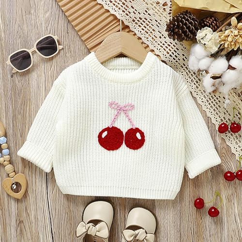 Toddler Kids Cable Knit Sweater Cute Cherry Embroidered Pullover Sweater for Girls Boys Crewneck Fall Winter Warm Sweatshirt3