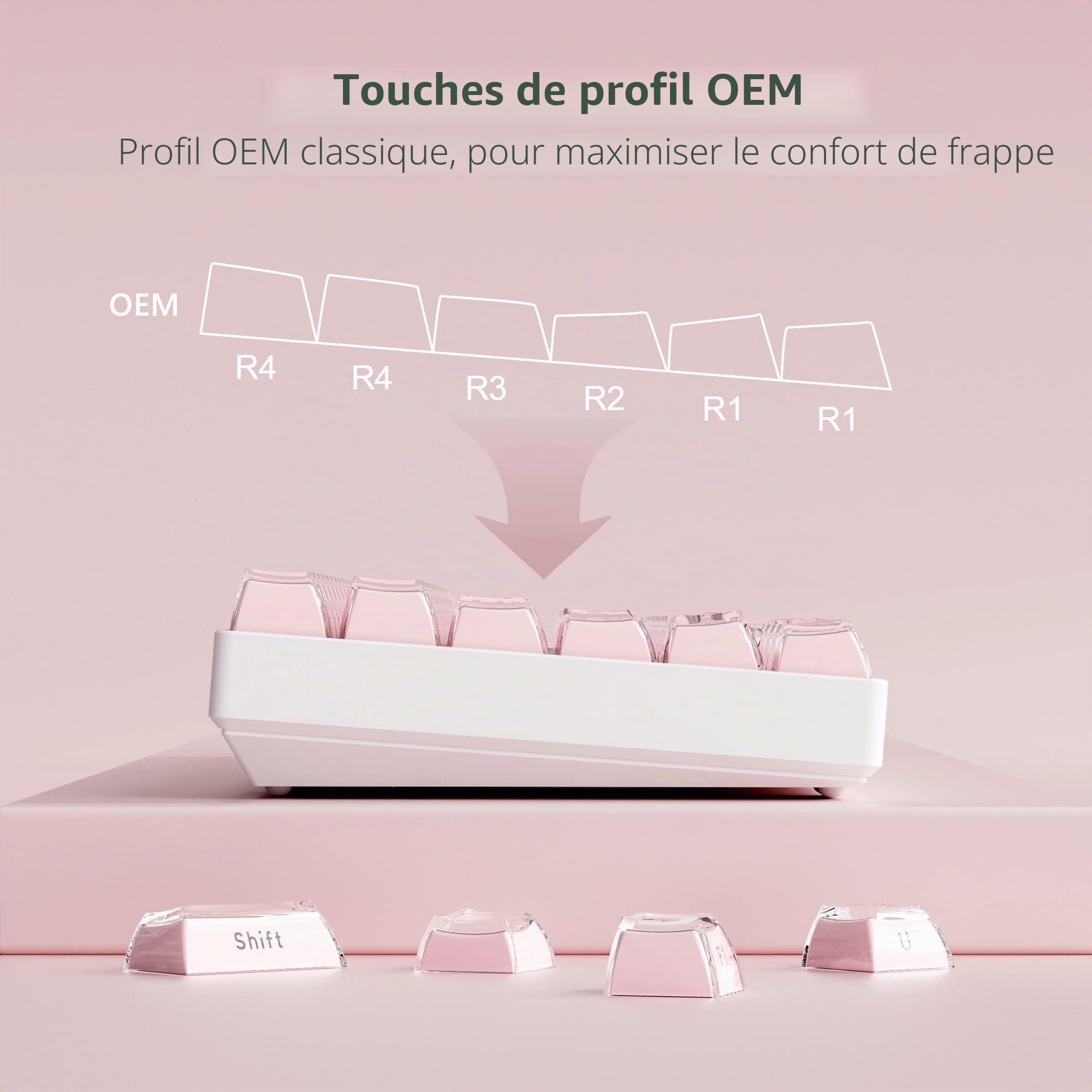 Womier Jelly Keycaps-Crystal Cute Keycaps Pink 60 65 75 100 Percent, Side Printed Elegant Key Caps Custom113 Keys, OEM Profile for 61/68/84/87/98/100 Cherry Gateron MX Mechanical, Pink