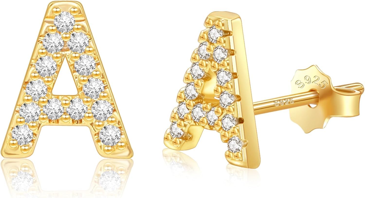 S925 Orecchini a bottone ipoallergenici con retro piatto da donna | Lettera in oro 14 carati/oro bianco con zirconi Dainty Tragus Gioielli per tutti i giorni, matrimoni e regali