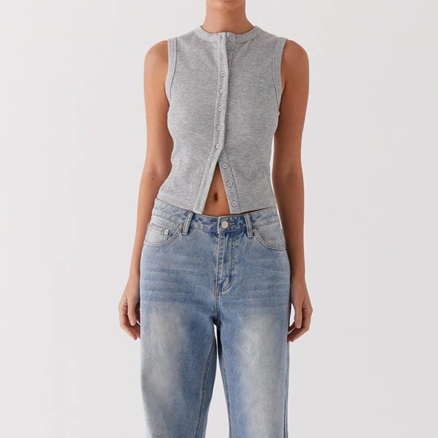 Faretumiya Women Button Down Tank Top Ribbed Summer Vest Tops Slim Fit Open Front Sleeveless Crop Shirt - Image 2