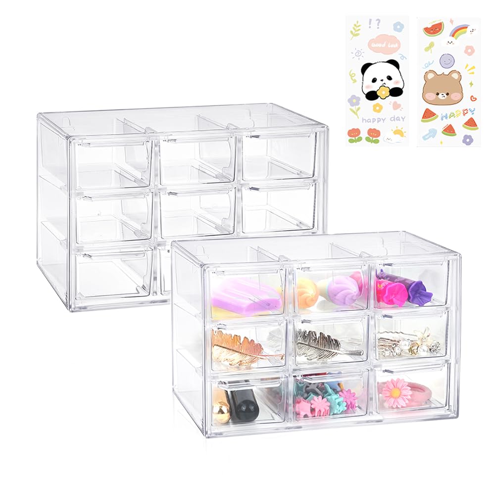 2PCS Mini Clear Storage Drawers, Desk Storage Organizer with 9 Drawers, Plastic Desktop Craft Storage Box with Sticker for Makeup Jewelry Bathroom Craft Supplies Stationary (2pcs 9 Drawers) â image 1
