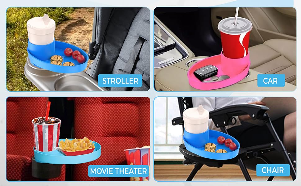 Image of Complete Kids Travel Tray Kit - Easily Expands Cup Holder into 360 Cup & Travel Tray for Kids Car Seat, Booster, and Stroller - Toddler Road Trip Essentials Set Includes Coaster & Brush (Pink)