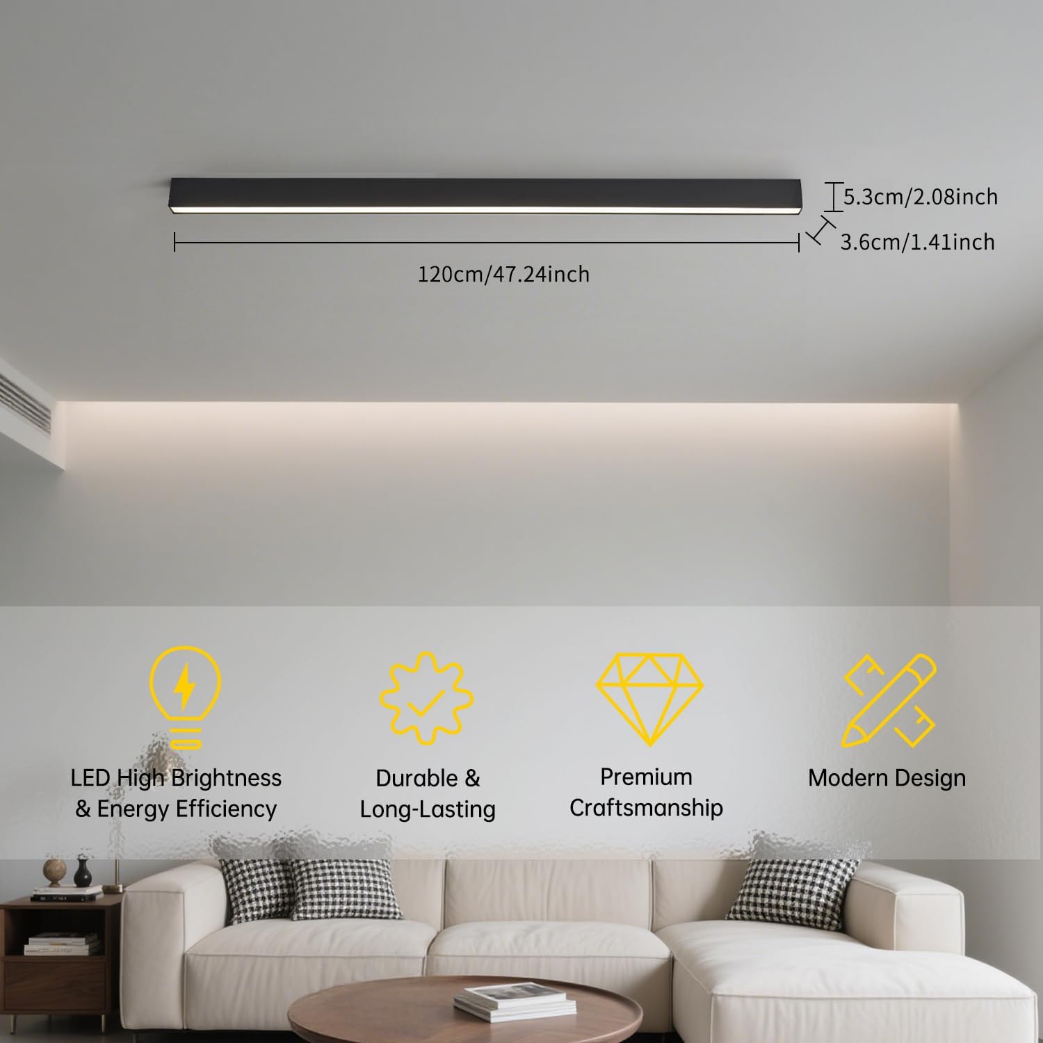 Black ceiling light LED, modern and simple, long strip ceiling surface installation, suitable for living room, bedroom, corridor and kitchen, remote control to switch color and brightness, 47.2inches