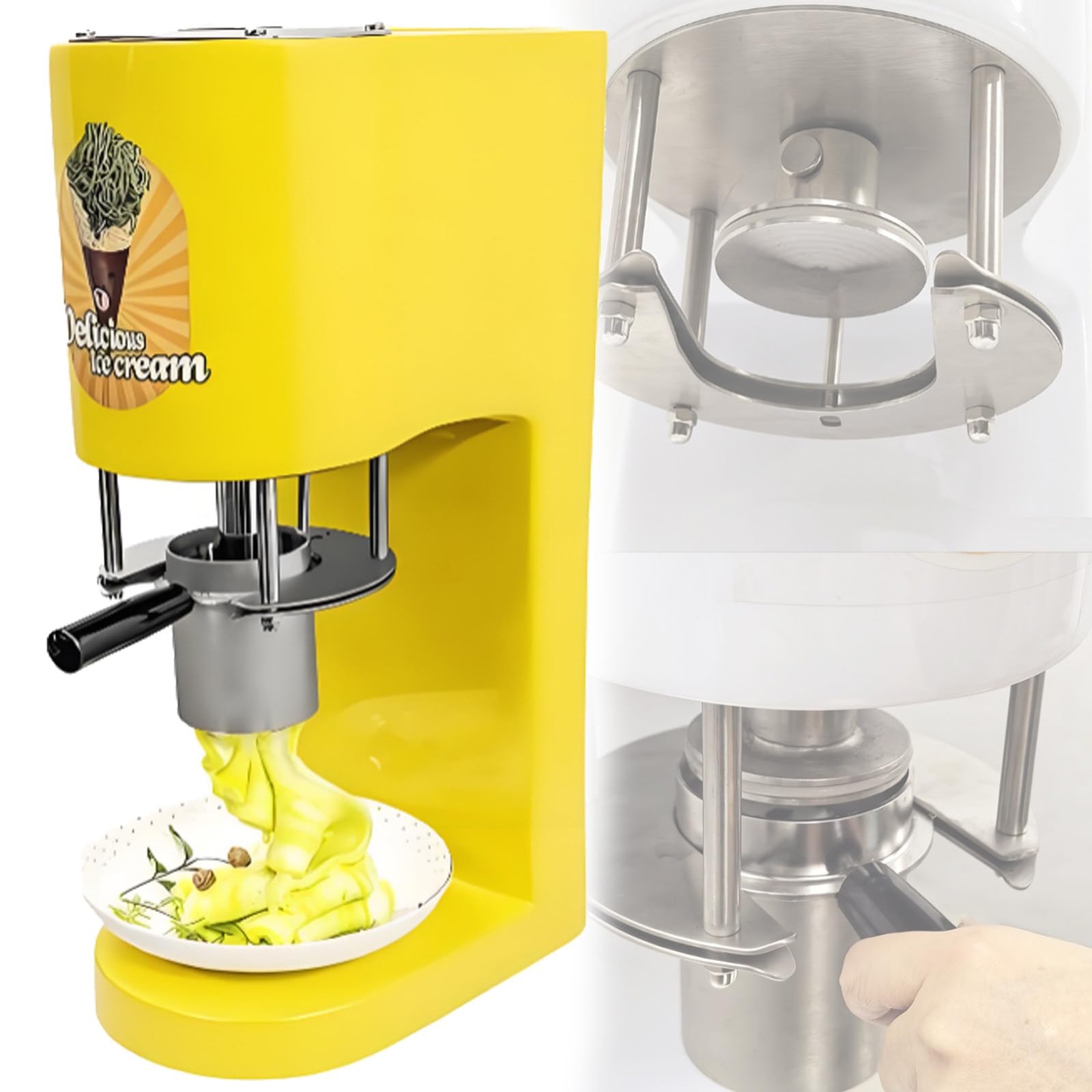 Quixnova Professional Ice Cream Noodle Extruder for Restaurants, Bars, and Dessert Shops, Commercial Spaghetti Ice Cream Press, Includes 4 Interchangeable Molds, 28-30 L/H Output Yellow