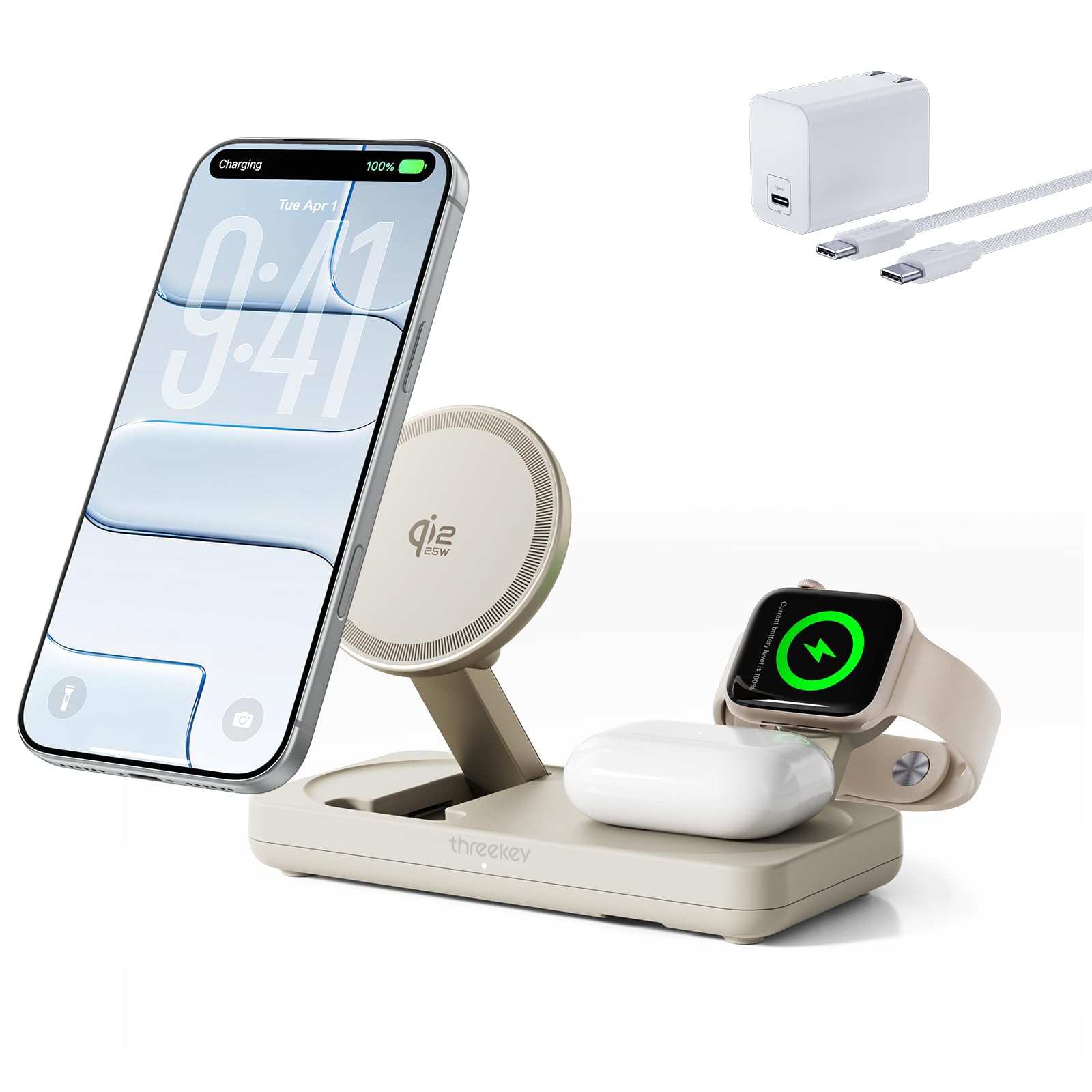 iPhone charging on the THREEKEY station with Qi2 25W indicator