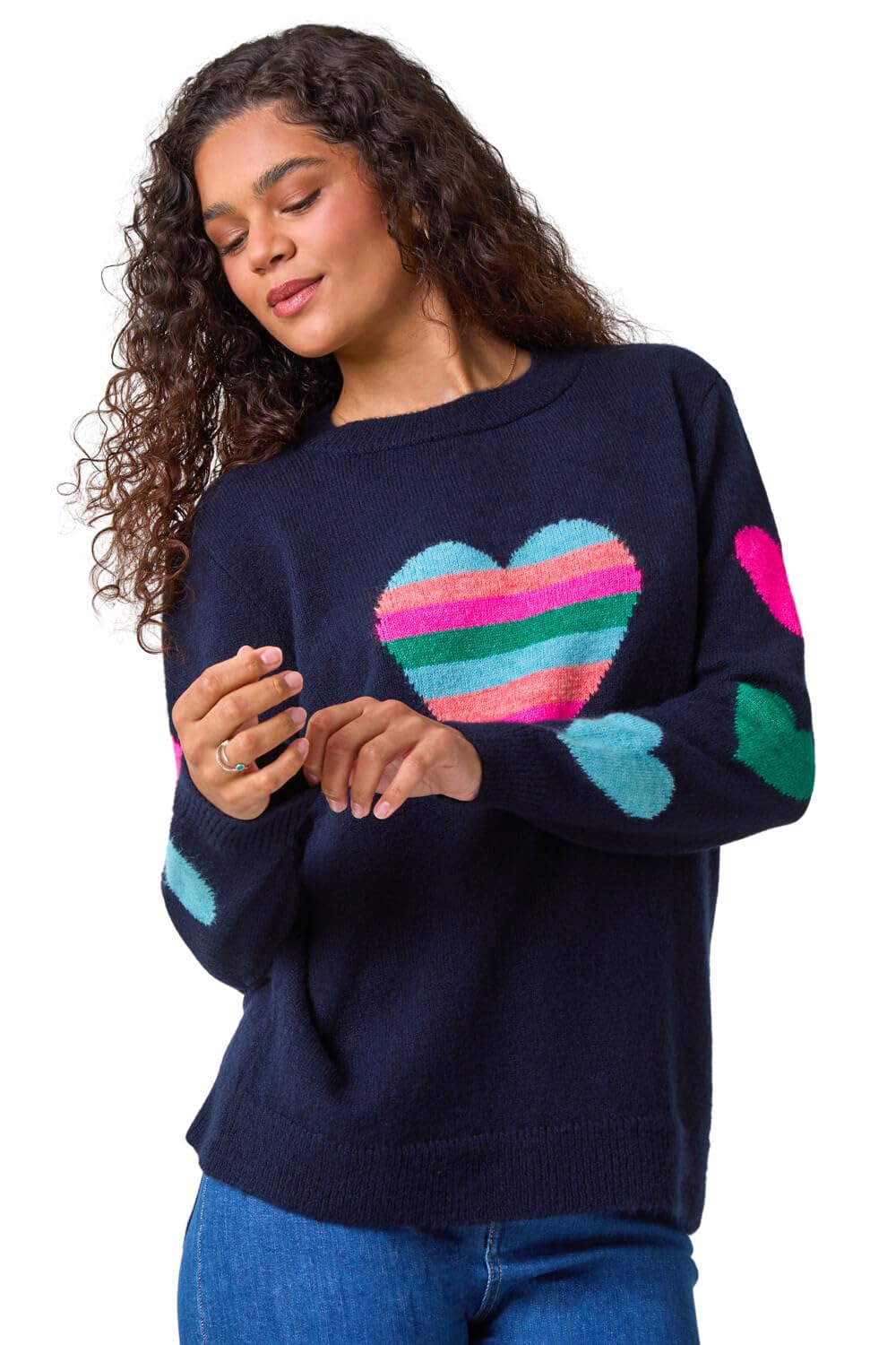 Roman Women's Midnight Blue Multi Heart Detail Longline Jumper Size 16