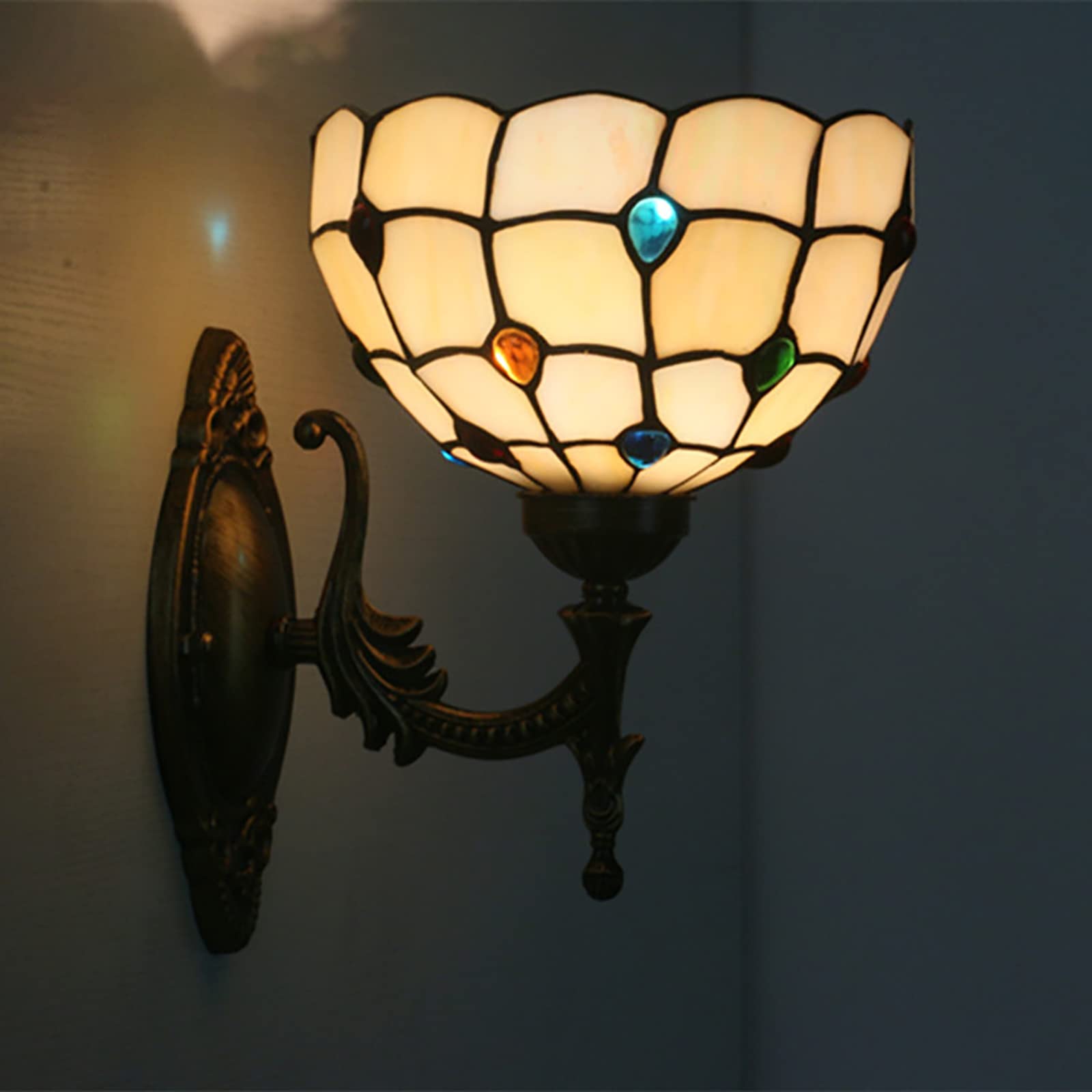 NHPJFDC 8 Inch Mini Tiffany Wall Sconce, Pastoral/Baroque/Mediterranean/Cream Amber Bead Style Stained Glass Wall Light, Handicrafts Wall Lamp For Hotel Room Corridor Library