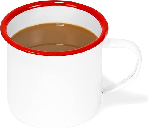 Red Co. Juego de 6 tazas redondas de café y té de metal esmaltado de 12 onzas con asa, borde blanco y rojo sólido