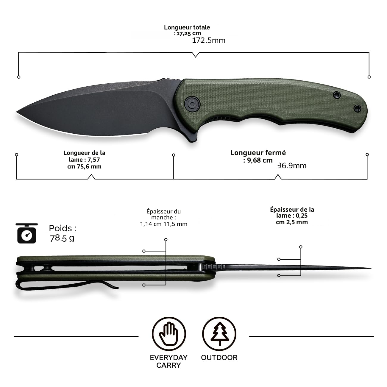 CIVIVI Mini Praxis Couteau pliant avec lame D2 de 7,56 cm et manche G-10 (Vert OD) C18026C-1