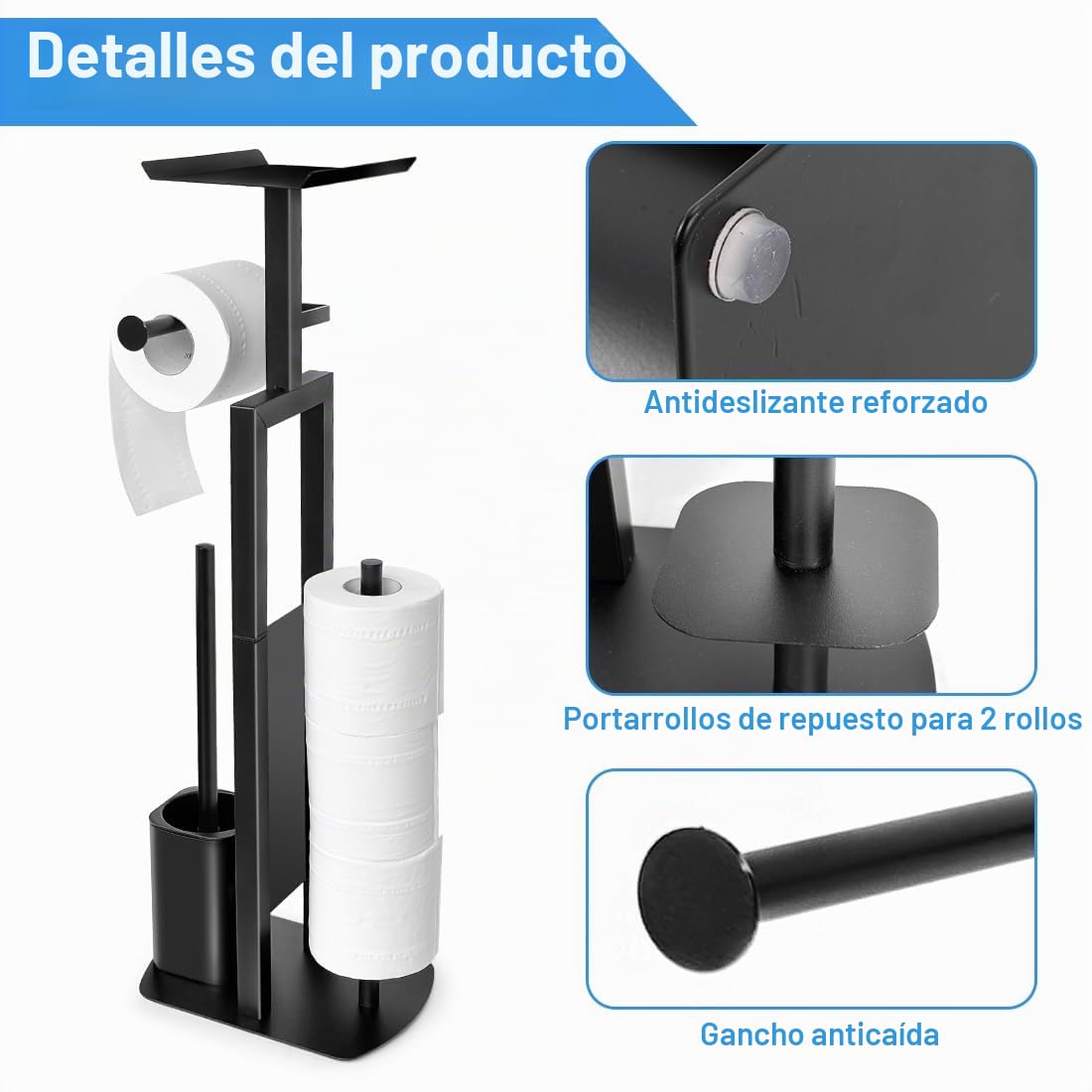 Portarrollos de papel higiénico de acero inoxidable de pie con escobilla de inodoro, soporte para papel higiénico con caja para toallitas húmedas, portarrollos de papel higiénico con escobilla de