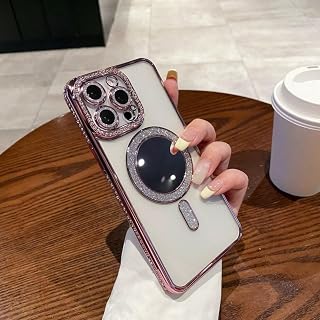 FORLUZ Estuche de Carga inalámbrica con Purpurina para iPhone 11 12 13 14 15 Pro MAX Plus, Transparente, magnético, con Espejo y Diamantes, Color Rosa, para iPhone 15Pro