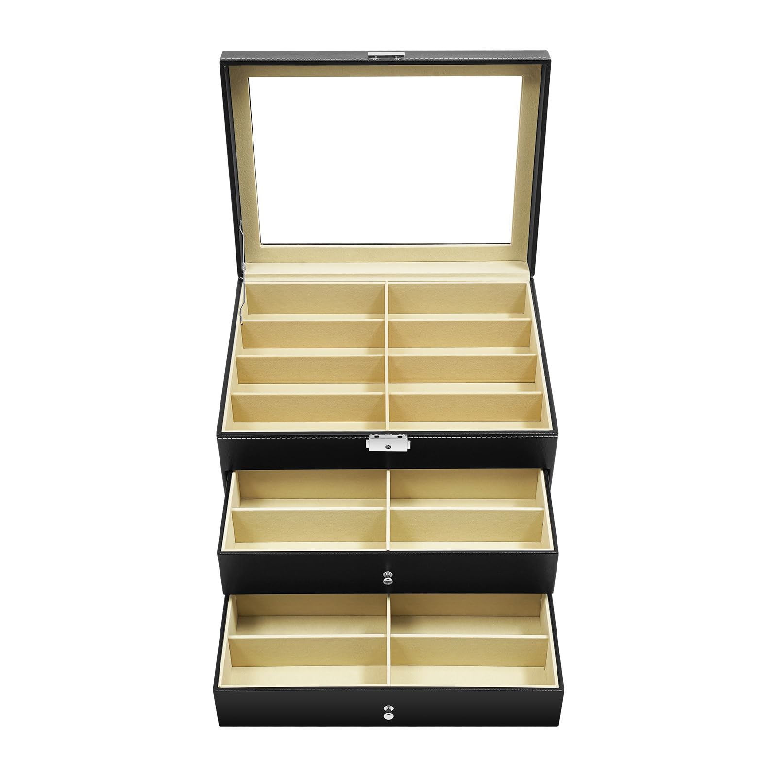 Brillenbox 24 Fächer, Glasdeckel, Schloss und 2 Schubladen | Brillen Organizer, Sonnenbrillen Aufbewahrung, Schmuck Organizer, MDF mit PU-Bezug, weiches Futter, für Zuhause und Optiker