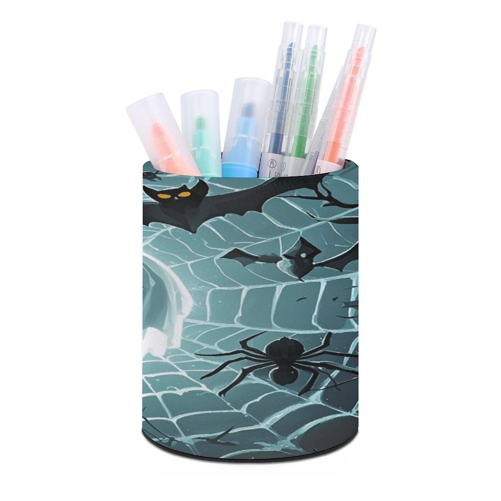 VstaDank Cute Bat Spider Webs Pen Holder Round Pencil Holder Cup Pen Container PU Leather Desk Organizer Stand Decor Brush Scissor Holders Decoration Office Desk Home (3.1 X 3.9 Inches)