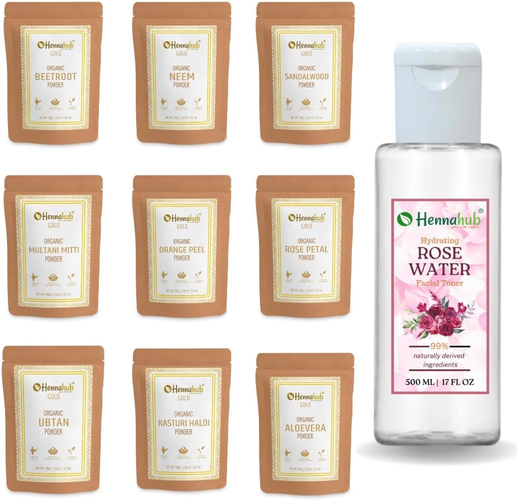 Beetroot Ubtan Kasturi Haldi Aloevera Neem Orange Rose Sandal Multani mitti Powder for Face Mask With (500ml Rose Water) Face Care 900 gm, Each 100 gm