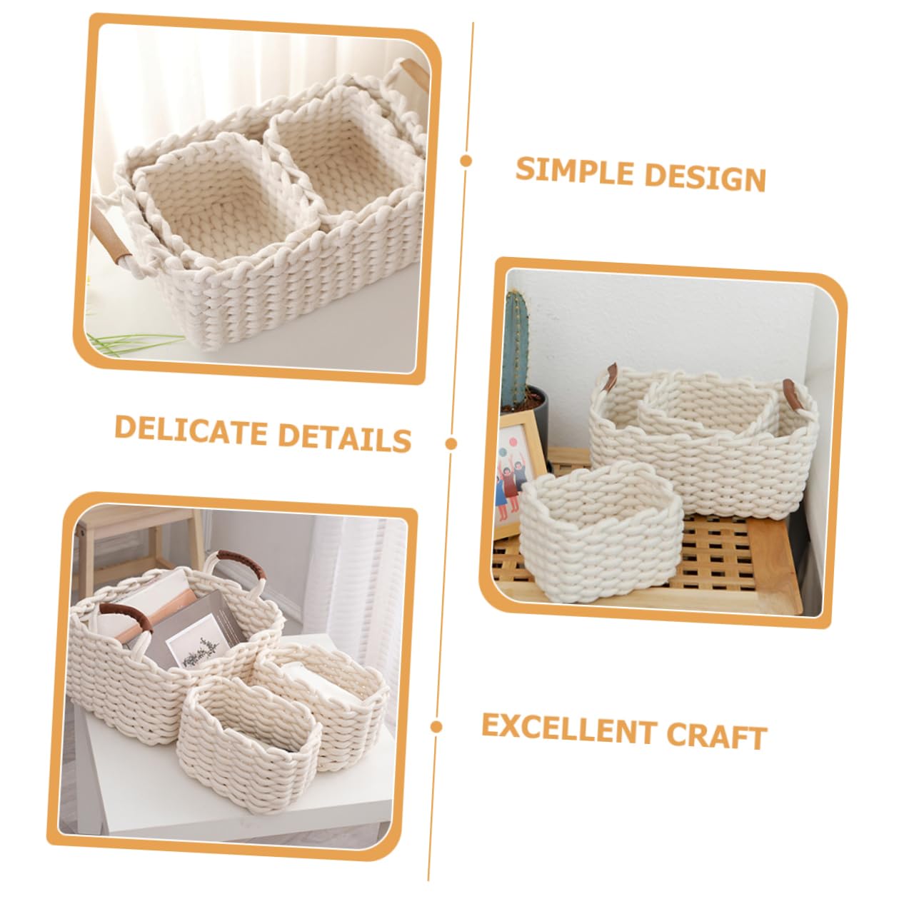 STOBAZA Cesta de Almacenamiento Tejida de Algodón, 1 Juego, white | Cuero y Cuerda de Algodón, Diseño Nórdico Sencillo, para Peine y Teléfono, Uso Doméstico Práctico y Cómodo