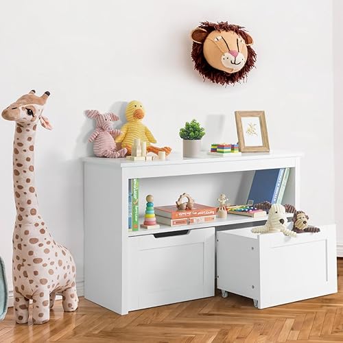 CAPHAUS Organizador de almacenamiento de juguetes con 2 cajones con ruedas, blanco, organización y almacenamiento de sala de juegos, caja de