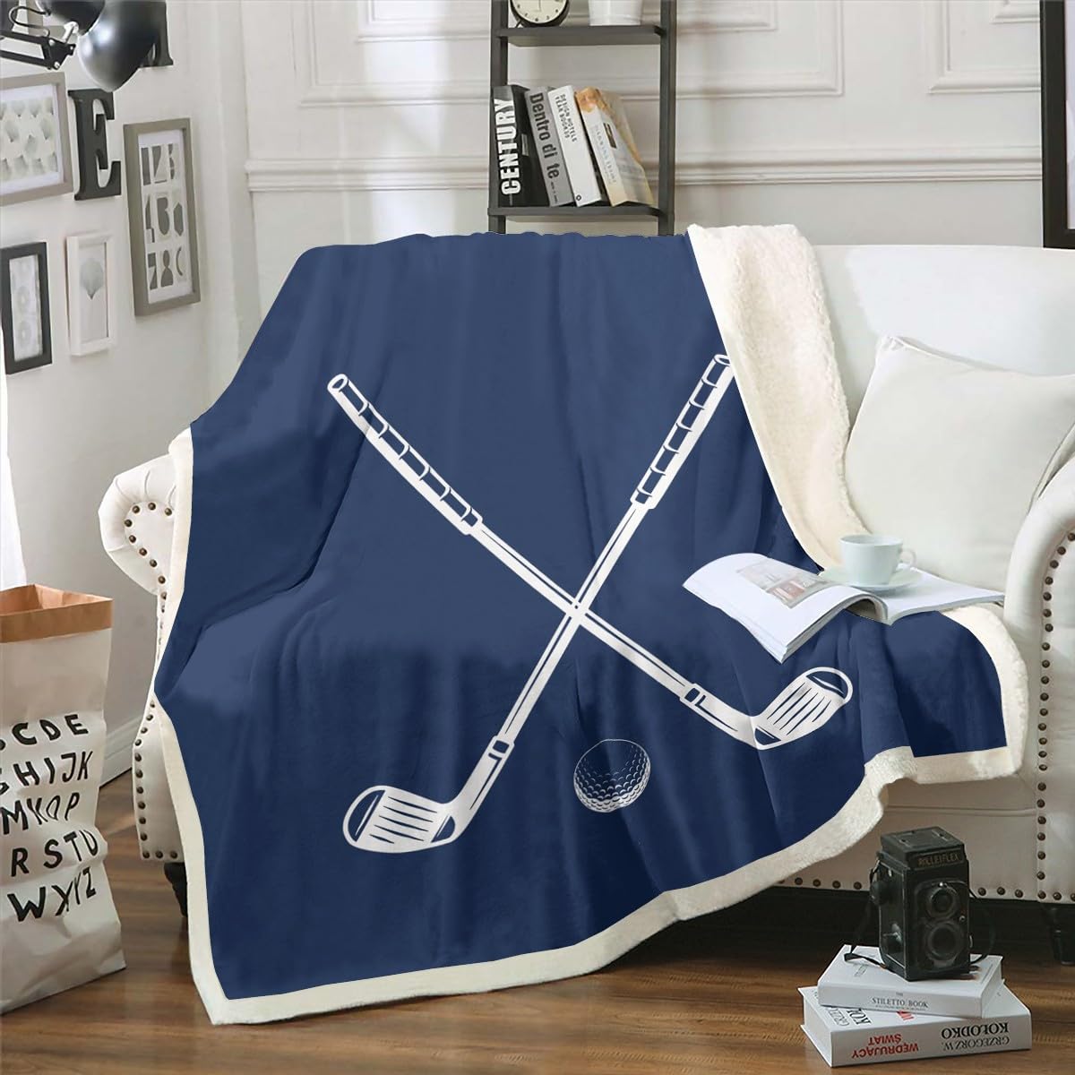 Erosebridal Golf Throw Blanket, Golf Ball and Club Blankets and Throws for Boys Kids, Navy Blue Sports Sherpa Fleece Blanket 40"x50", Ball Games