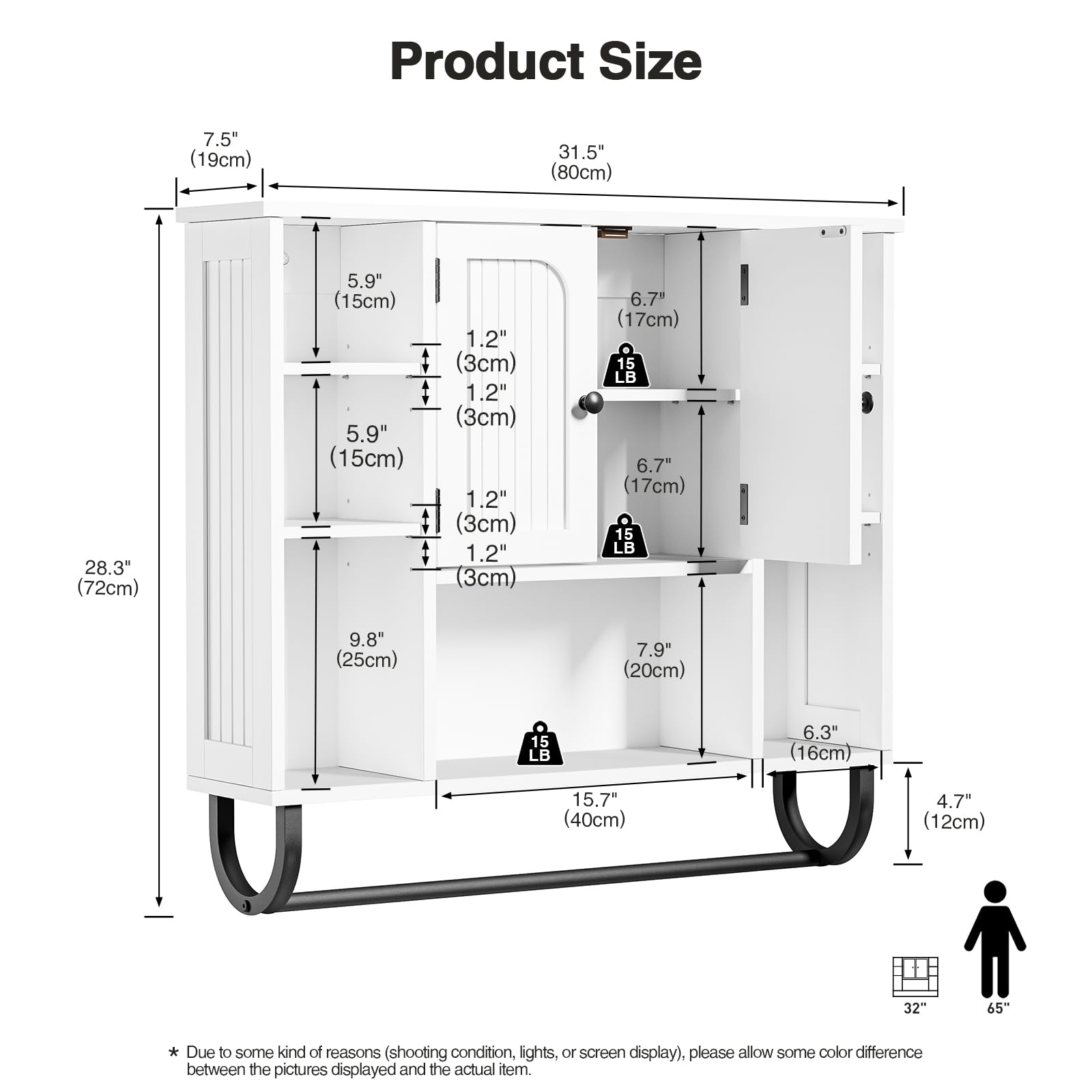 Badezimmerschrank hängend, Weißer Medizinschrank mit 2 Türen, Offener Raum und Verstellbare Regale, platzsparender Hängeschrank für Badezimmer, Küche und Wohnzimmer, 19D x 80W x 72H cm