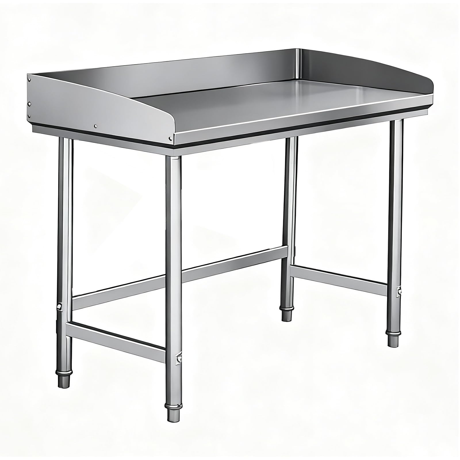 Table INOX avec Design de Clôture sur 3 Côtés pour Cuisines Tables Travail Structure Triangulaire Renforcée Commerciale Pieds Réglables et Colonnes Épaissies