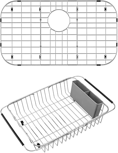 SANNO Rejilla protectora extensible para secar platos sobre el fregadero, 26 pulgadas de largo x 14 pulgadas de ancho, rejilla inferior para