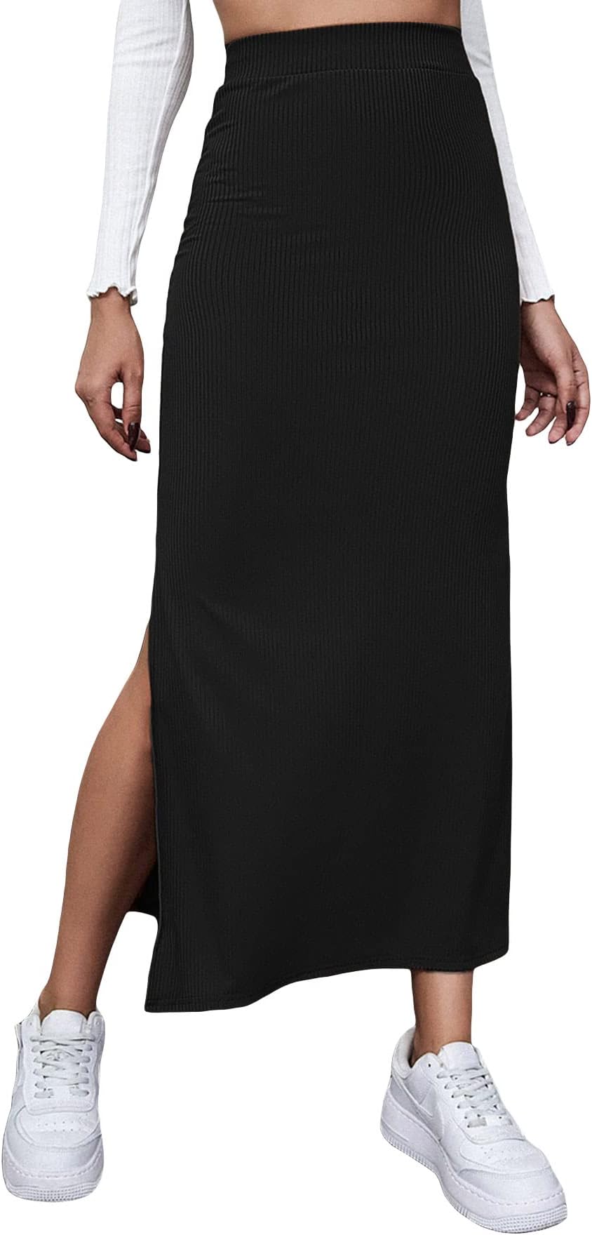 Women's Elegant Solid High Waisted Split Thigh Long Bodycon Skirt