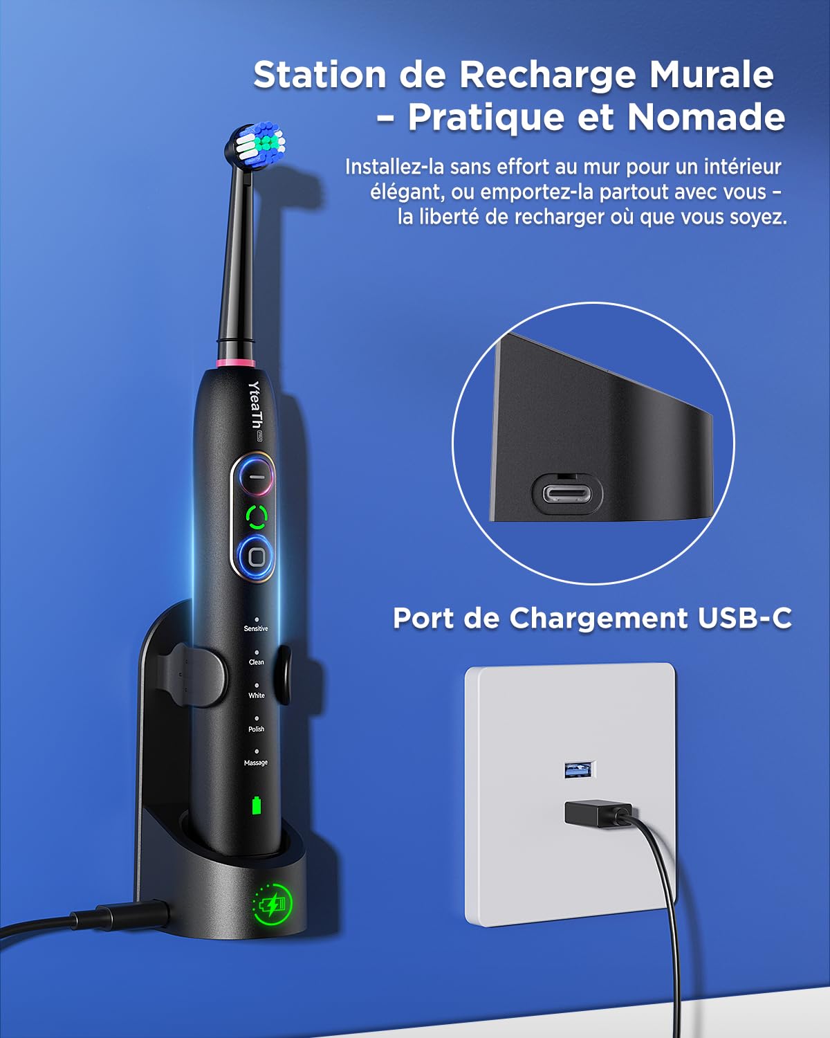 YTEATH PRO Brosse À Dent Électrique Rotatives pour Adultes - Brosses À Dents Rotatives avec 3 Intensités 5 Modes, 8 Têtes, Étanche IPX7, Brosse A Dent Electrique de Voyage, Noir Profond
