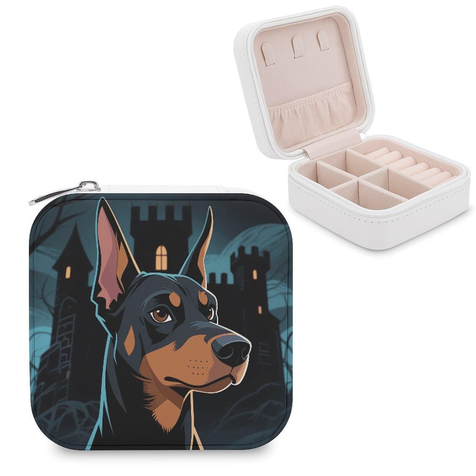 VstaDank Doberman Pinscher Jewelry Organizer Travel Case for Women With Zipper Mini Jewelry Case PU Leather Jewelrys Box for Rings Necklaces Bracelets Earring Holder Organizer Storage