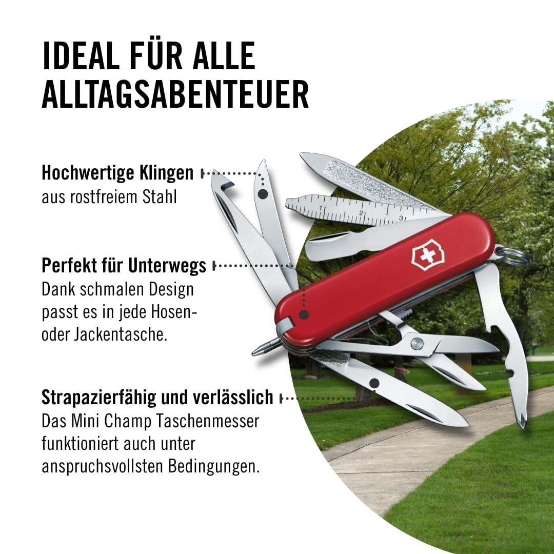 Victorinox Schweizer Taschenmesser Mini Champ, Klein, 18 Funktionen, Swiss Made, Multitool mit Brieföffner, Kapselheber, Drahtabisolierer, Rot