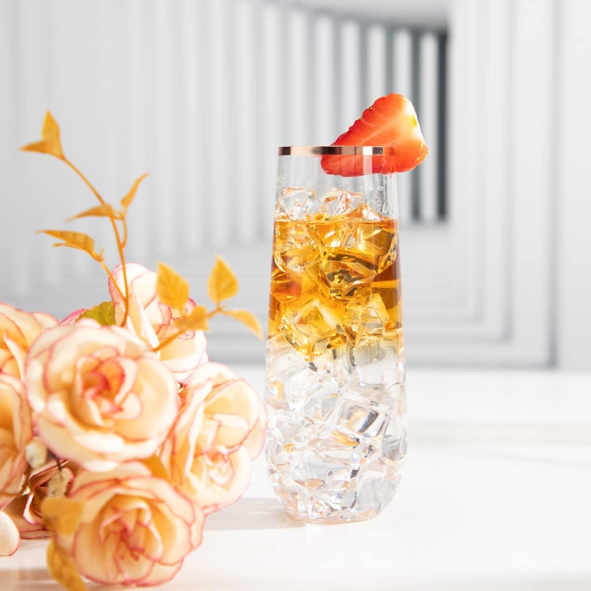 SUT 24PCS Rose Gold Champagne Flutes Plastic, 9oz Stemless Plastic Champagne Glasses, Rose Gold Rim Clear Toasting Glasses, Unbreakable, Shatterproof Mimosa Glasses, For Party,Shower - Image 3