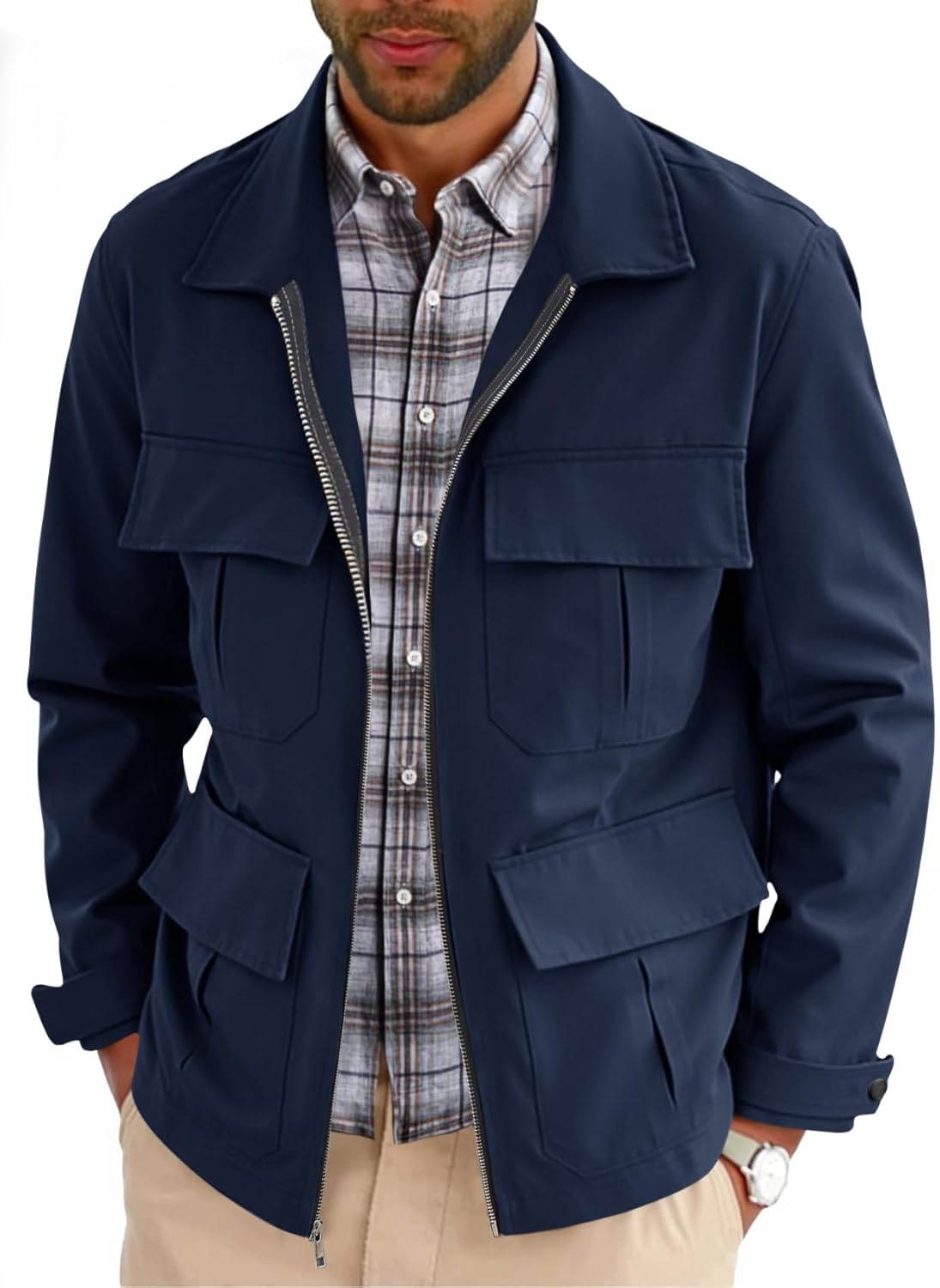 Runcati Mens Safari Jacket Military Full Zip Cargo Jacket Windproof Multi Pocket Outdoor Field Coat