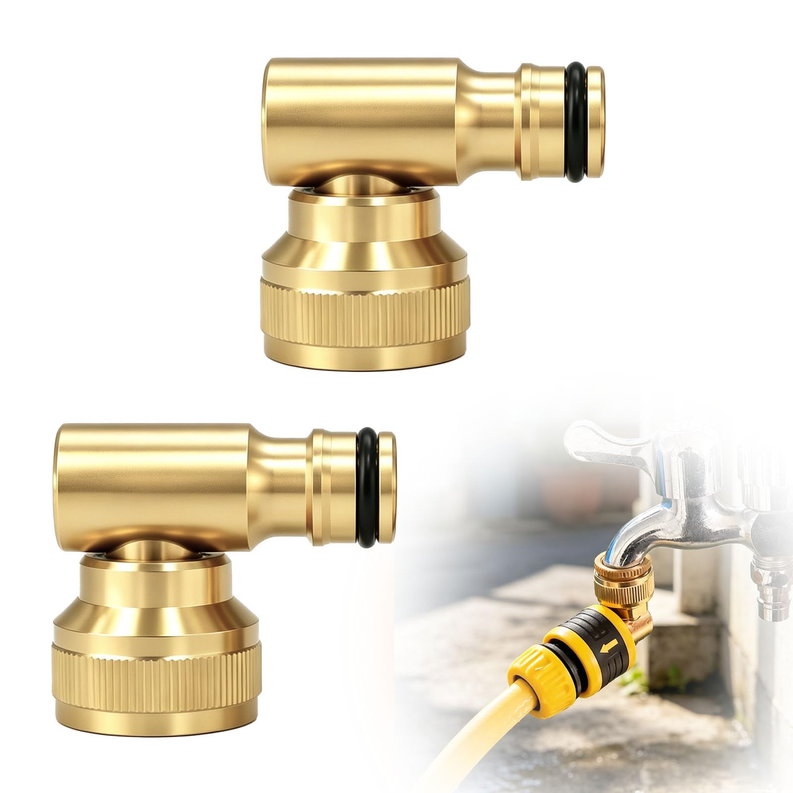 SouStar 2 Pack Brass Outside Tap Connector, 360 Degree Swivel Angled Hose Pipe Adapter 1/2" & 3/4", Leak-Resistant 90 Elbow Joint for Garden Irrigation and Car Wash