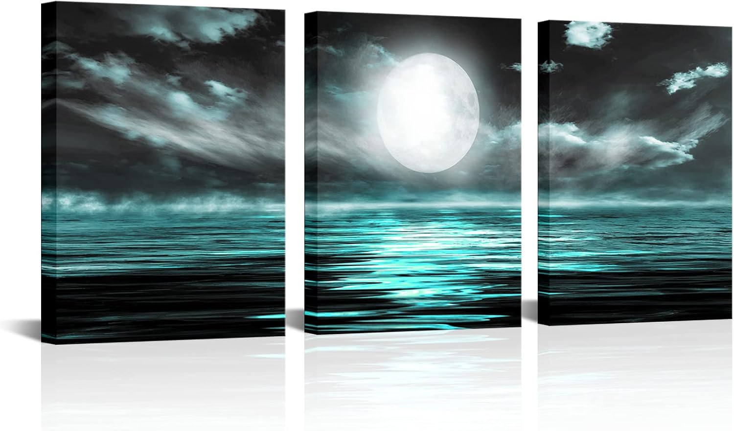 iLOOLiKE 3 Pieces Teal Sea Wall Art Full Moon in Cloud Night Landscape Framed Picture Canvas Prints Modern Ocean Seascape Artwork for Bedroom Decoration Ready to Hang Each 12x16inch (Green)