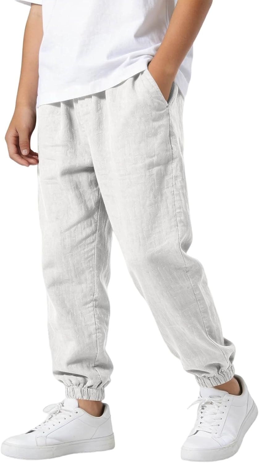Boys Linen Pants Casual Loose Fit Elastic Waist Drawstring Lightweight Breathable Summer Beach Yoga Trousers Kids 5-15 Years