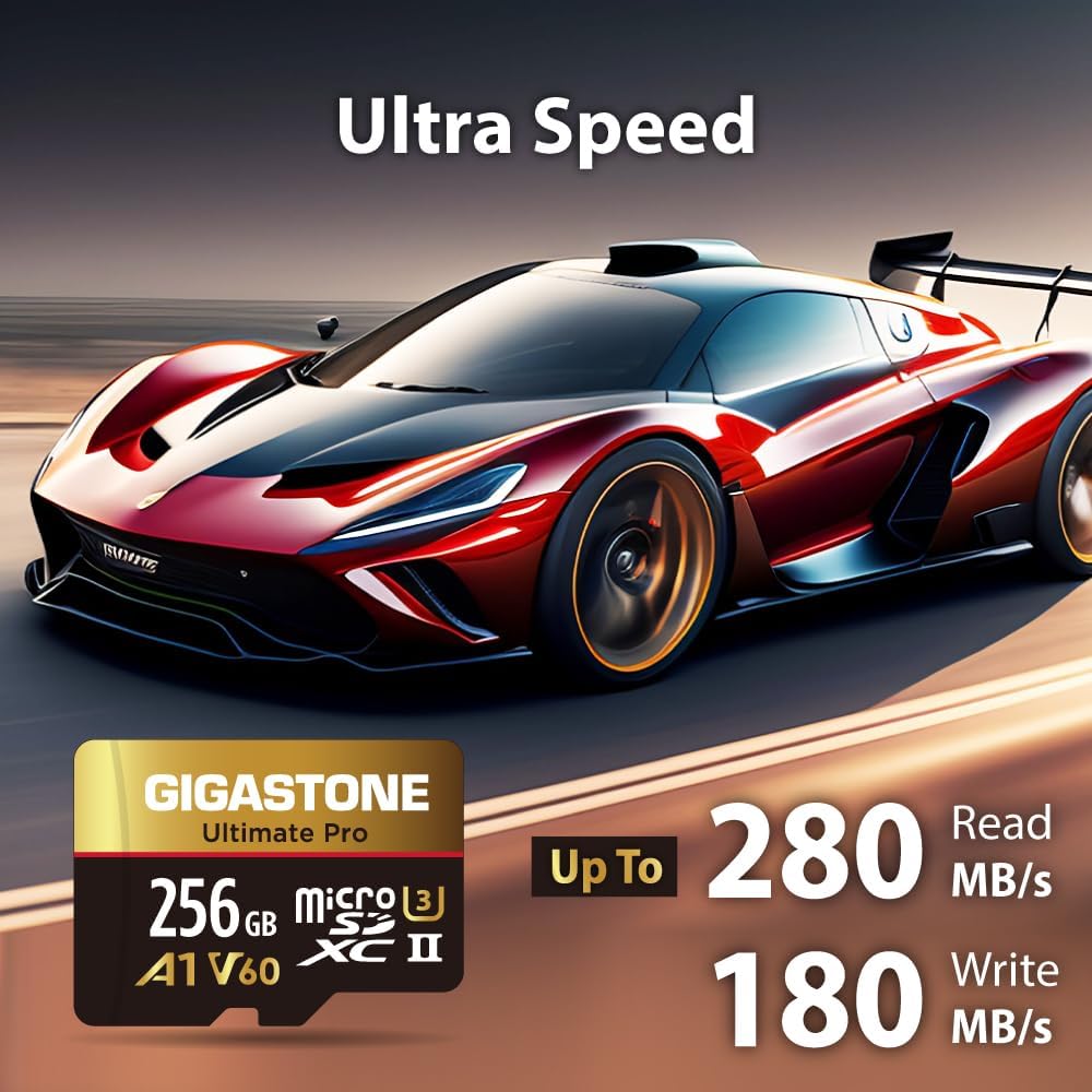 【5 Yrs Free Data Recovery】 GIGASTONE 256GB Micro SD Card, Ultimate Pro, MicroSDXC Memory Card for Camera, R/W up to 280/180 MB/s, UHS-II U3 A1 V60 C10, with Adapter