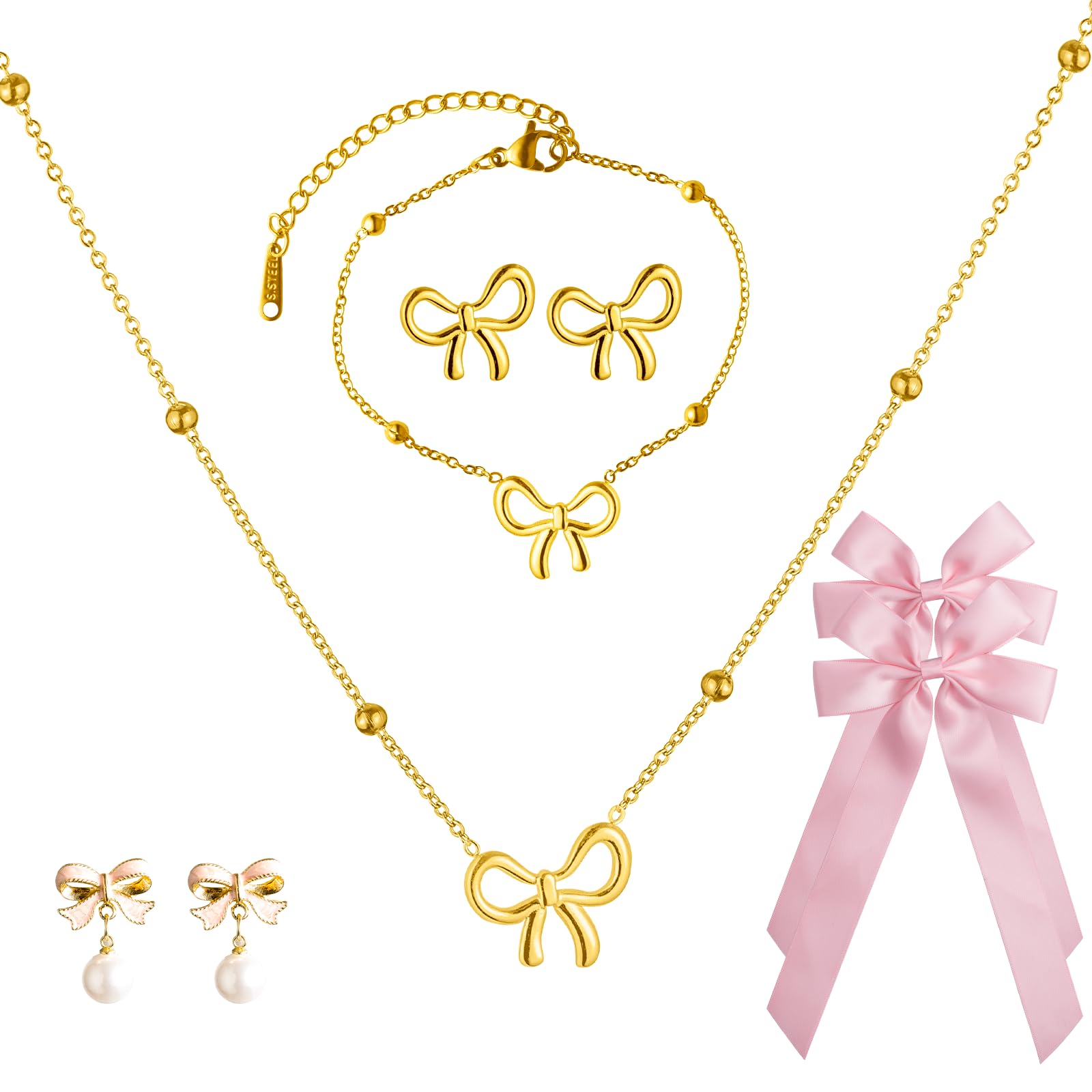 TT·SSTIE Coquette Stocking Stuffers for Women Coquette Bow Jewelry Set, Gold Necklace and Earring Pink Bows for Hair Coquette Accessories Bow Bracelet