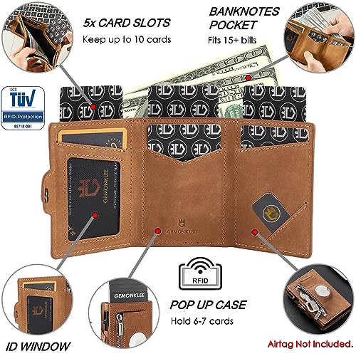 Image of Mens Wallet Card Holder for AirTag, Leather Smart Wallet for Men, Airtag Wallet Pop Up Wallet, RFID Blocking, Slim, Minimalist, Large Capacity - 14-18 Card Capacity | ID Window | Cash Slot (Brown)