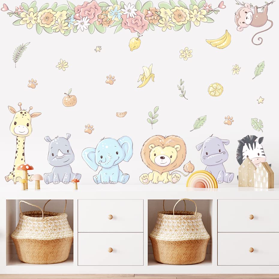 Animal de Dibujos Animados Elefante Flores Nursery Calcomanías de Pared de Vinilo removible DIY Niños Habitación de Las niñas Decoración del hogar