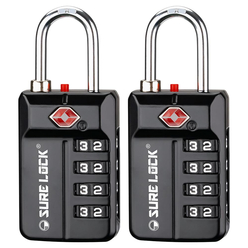 SURE LOCKTSA Approved Travel Luggage Locks, Open Alert Combination Lock for School Office & Gym Locker,Toolbox, Pelican Case,Easy Read Dials- 1, 2 & 4 Pack (1, Black 2 Pack), Black 2 Pack, L, Compact