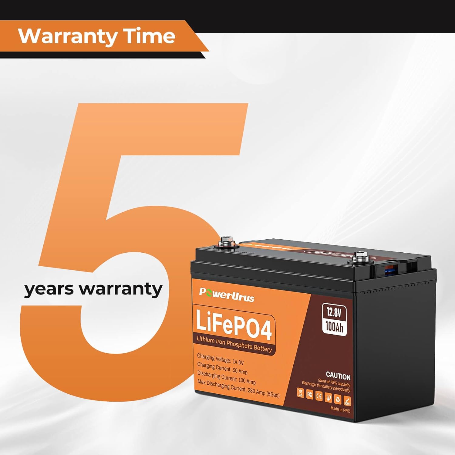 PowerUrus LiFePO4 Battery with a 5-year warranty badge
